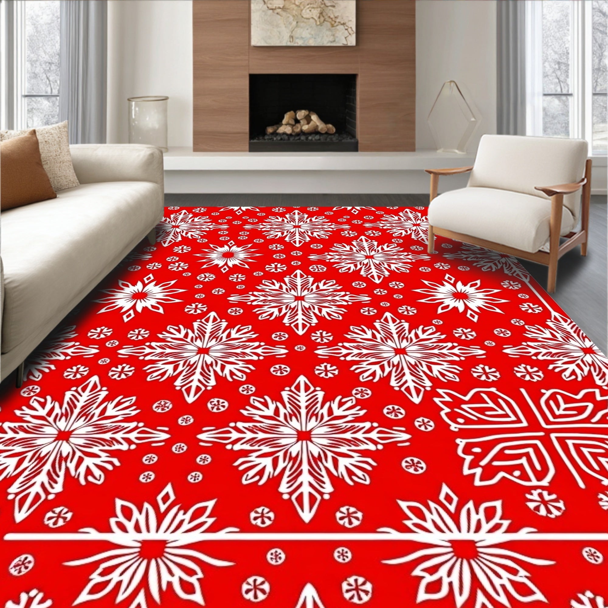 Crimson Snowflakes Festive Floral Rug