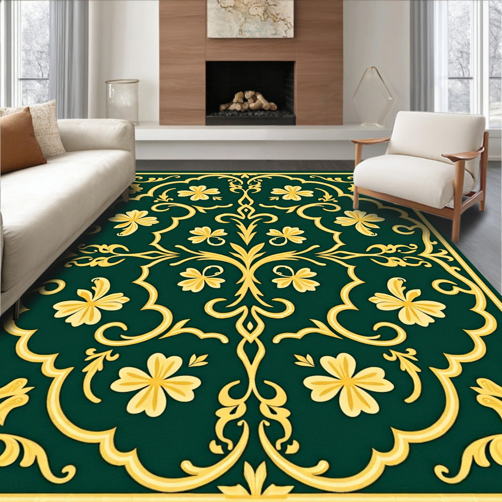 Deep Green Golden Vine Scroll Bloom Rug