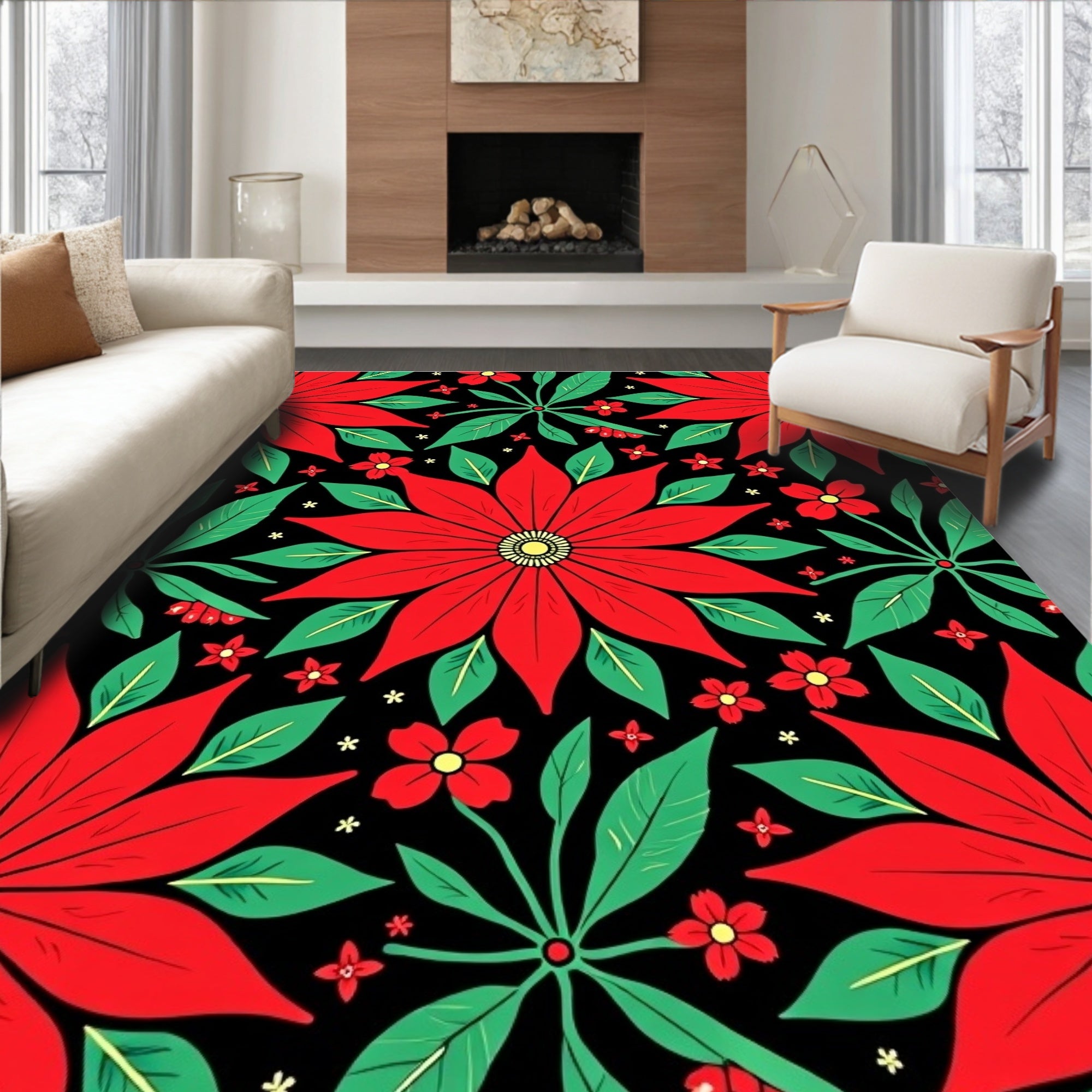 Bold Red Poinsettia Floral Collage Rug