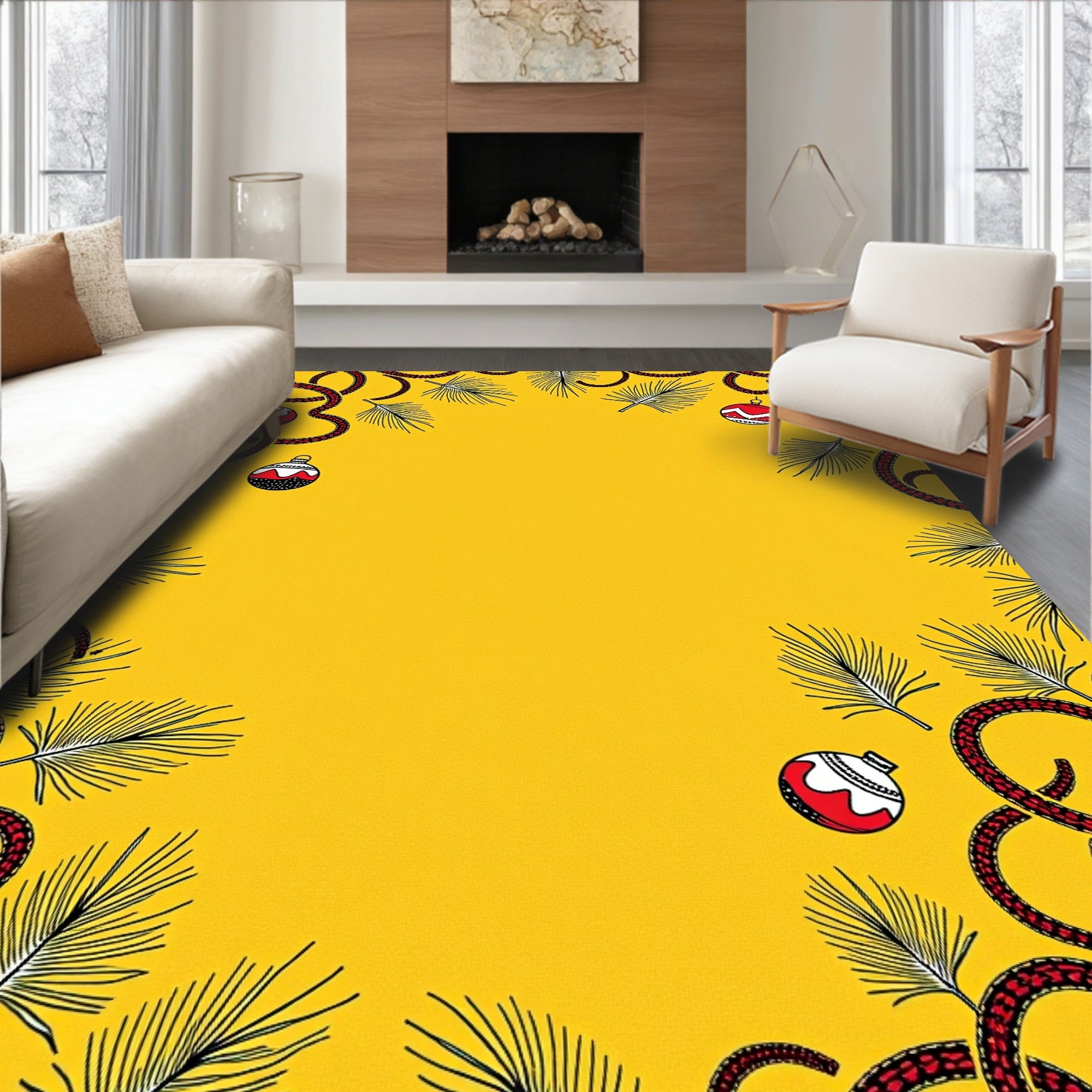 Crimson Red Ornament Pine Branch Border Rug