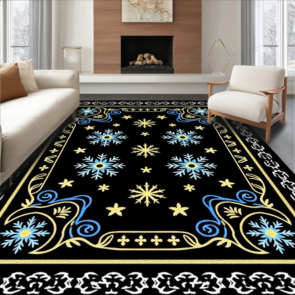 Black Snowflake Blue Yellow Border Rug
