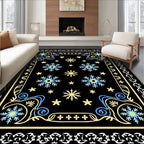 Black Snowflake Blue Yellow Border Rug