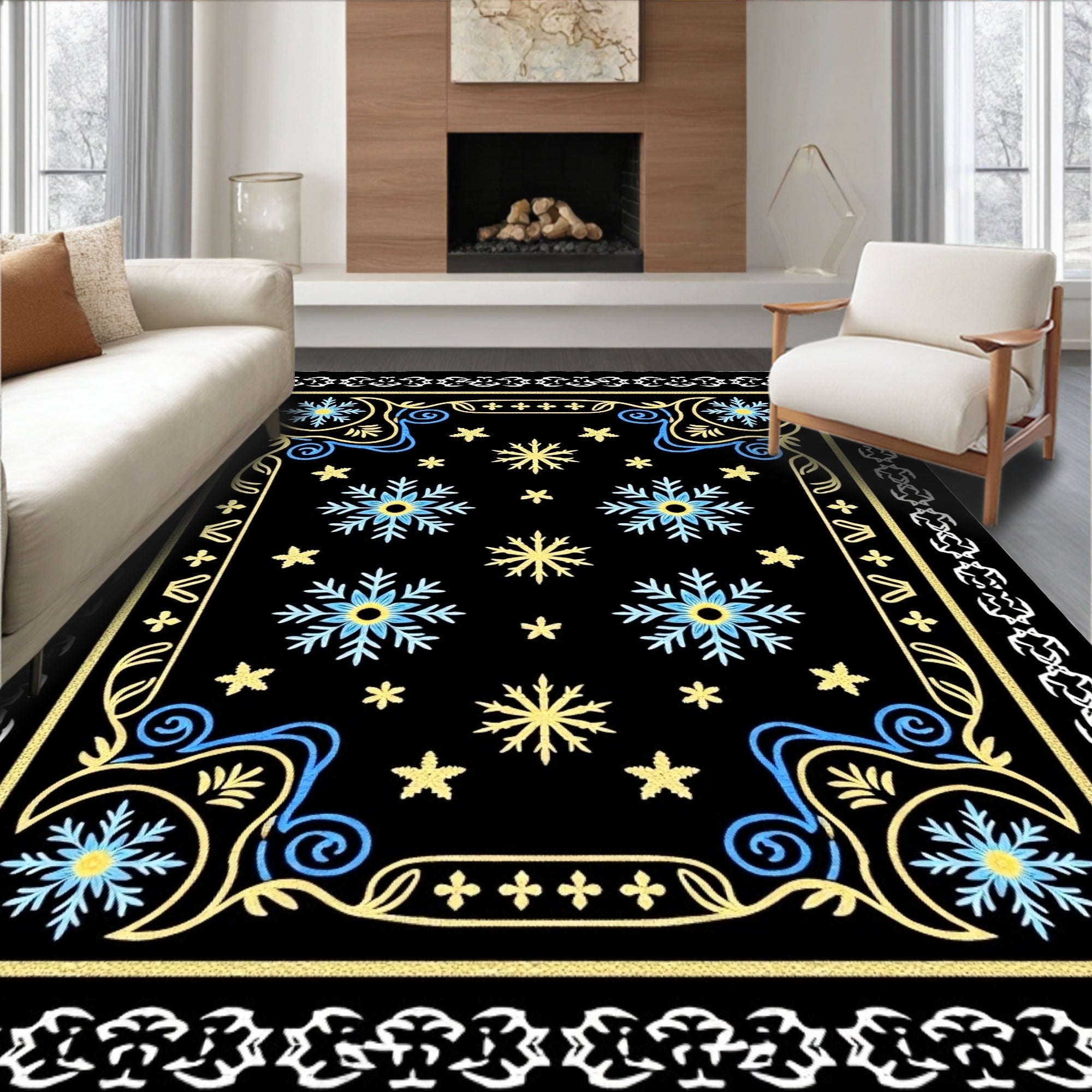 Black Snowflake Blue Yellow Border Rug