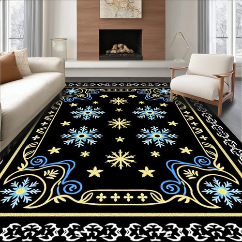 Black Snowflake Blue Yellow Border Rug