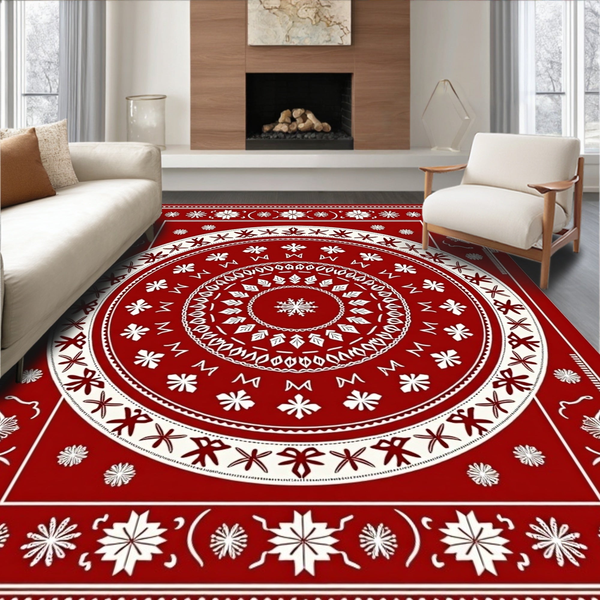 Crimson White Circular Floral Medallion Rug