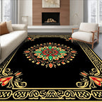 Vibrant Red Green Golden Mandala Border Rug