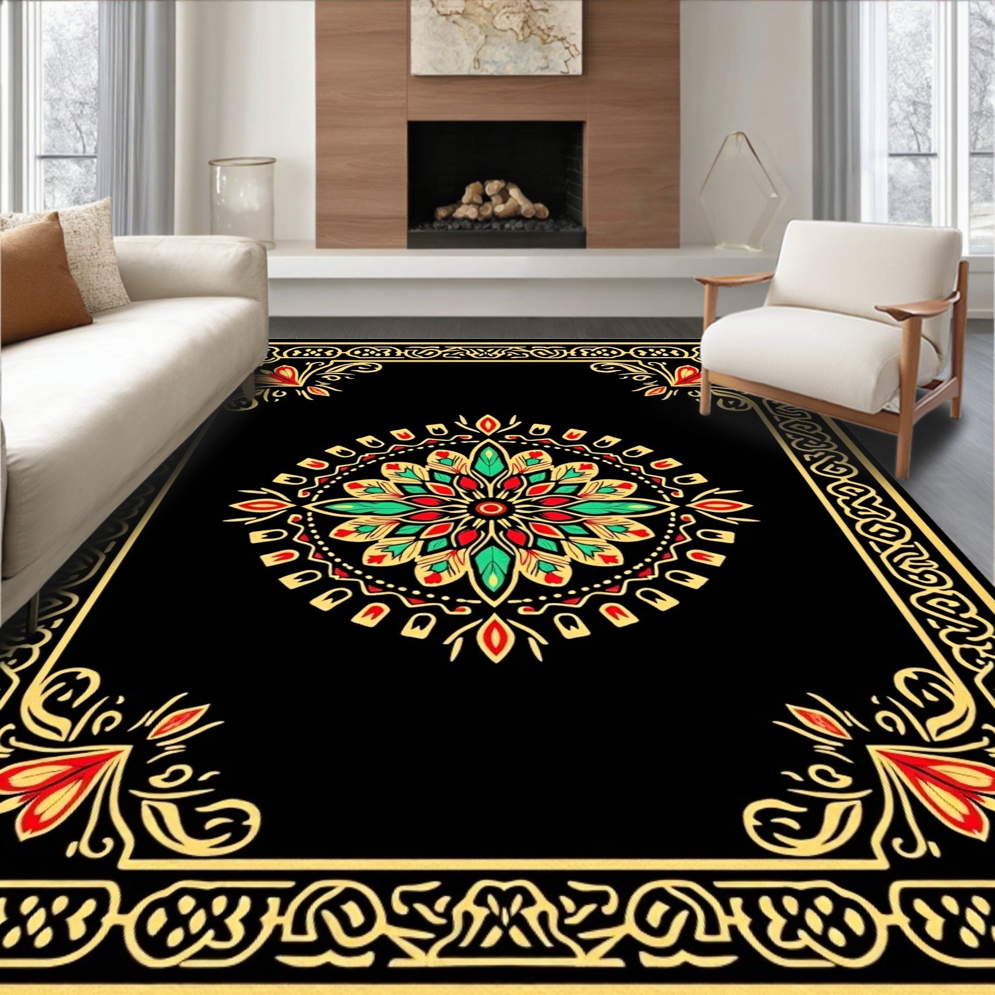 Vibrant Red Green Golden Mandala Border Rug