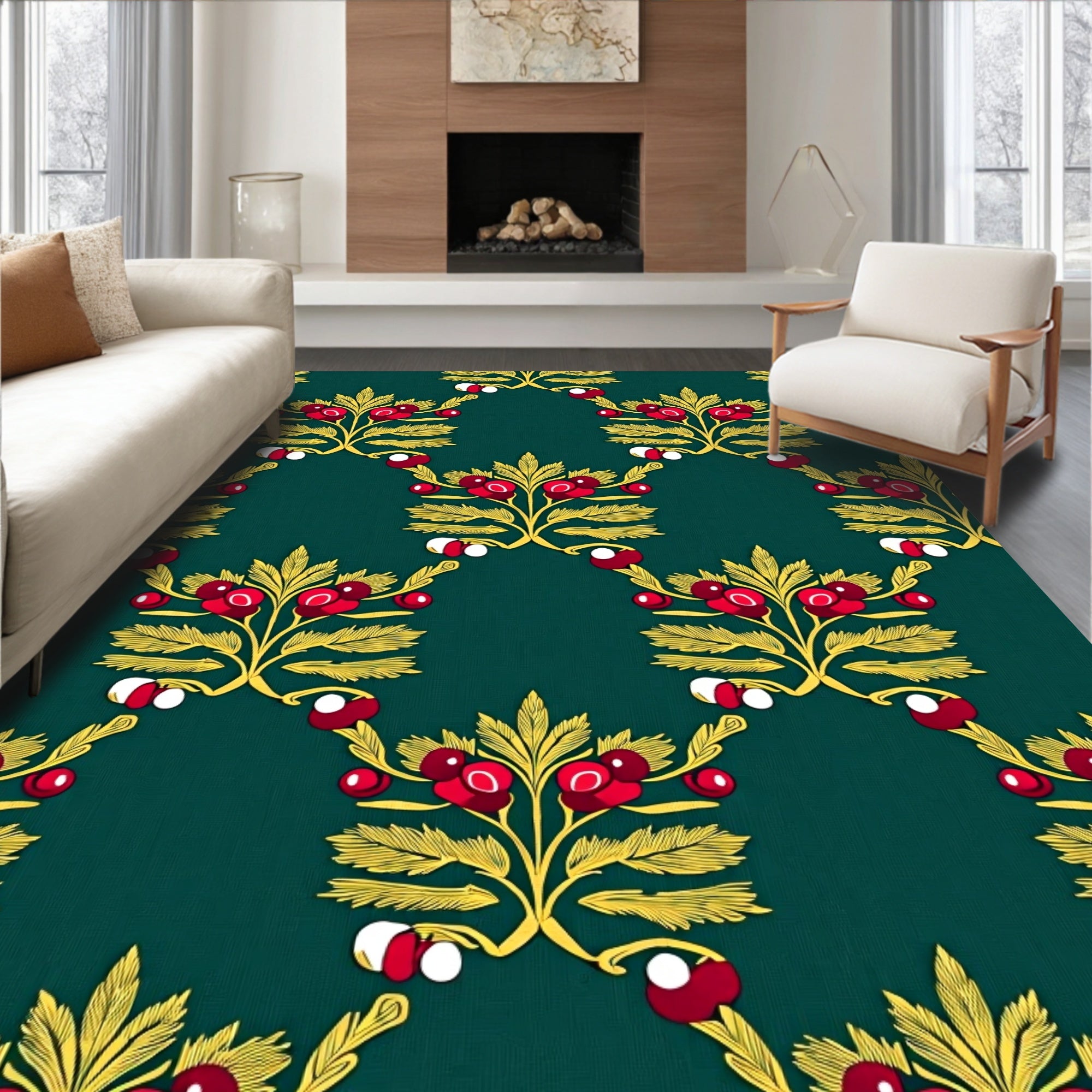 Emerald Red Berry Garland Botanical Rug