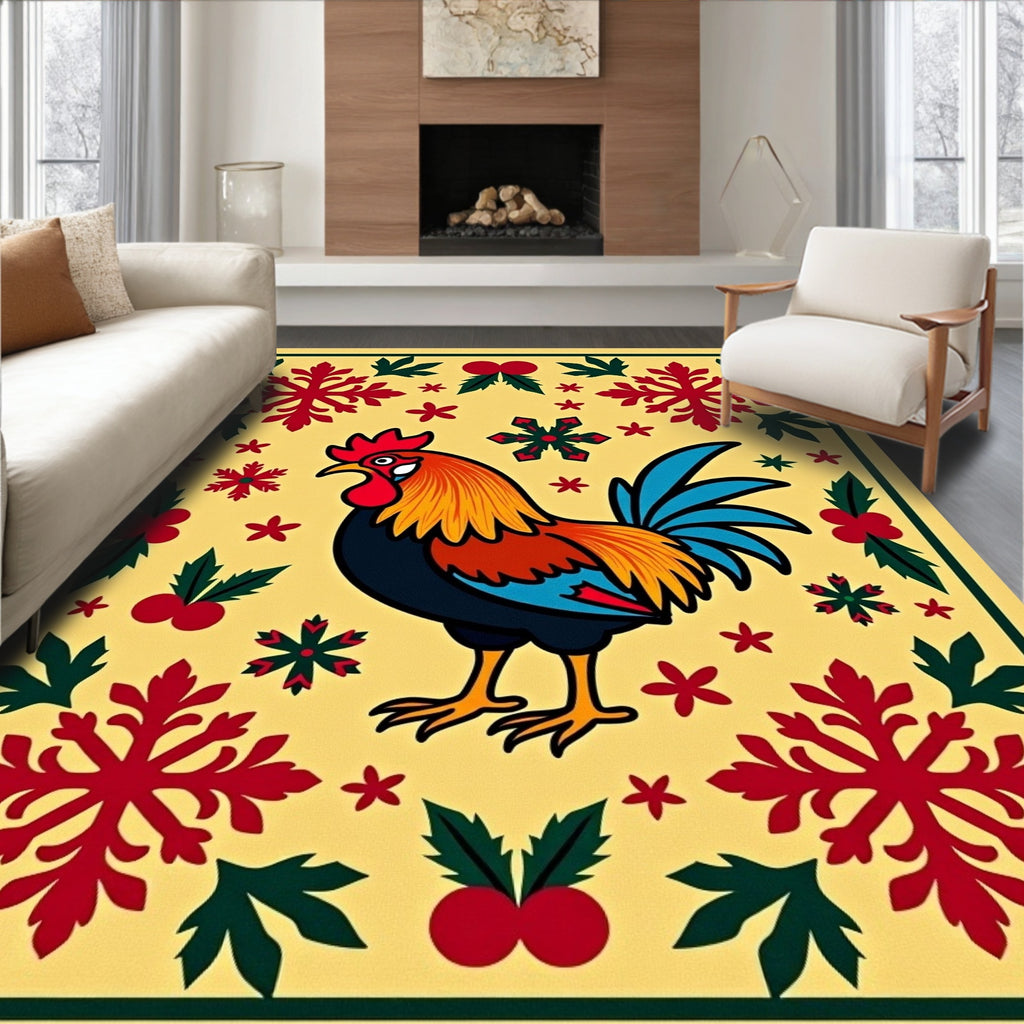 Folk Art Rooster Red Snowflake Border Rug