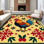 Folk Art Rooster Red Snowflake Border Rug