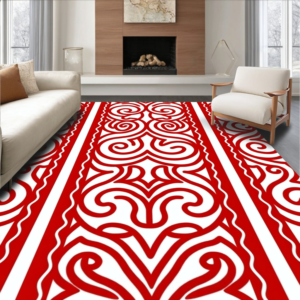Crimson Red Paisley Scrollwork Border Rug