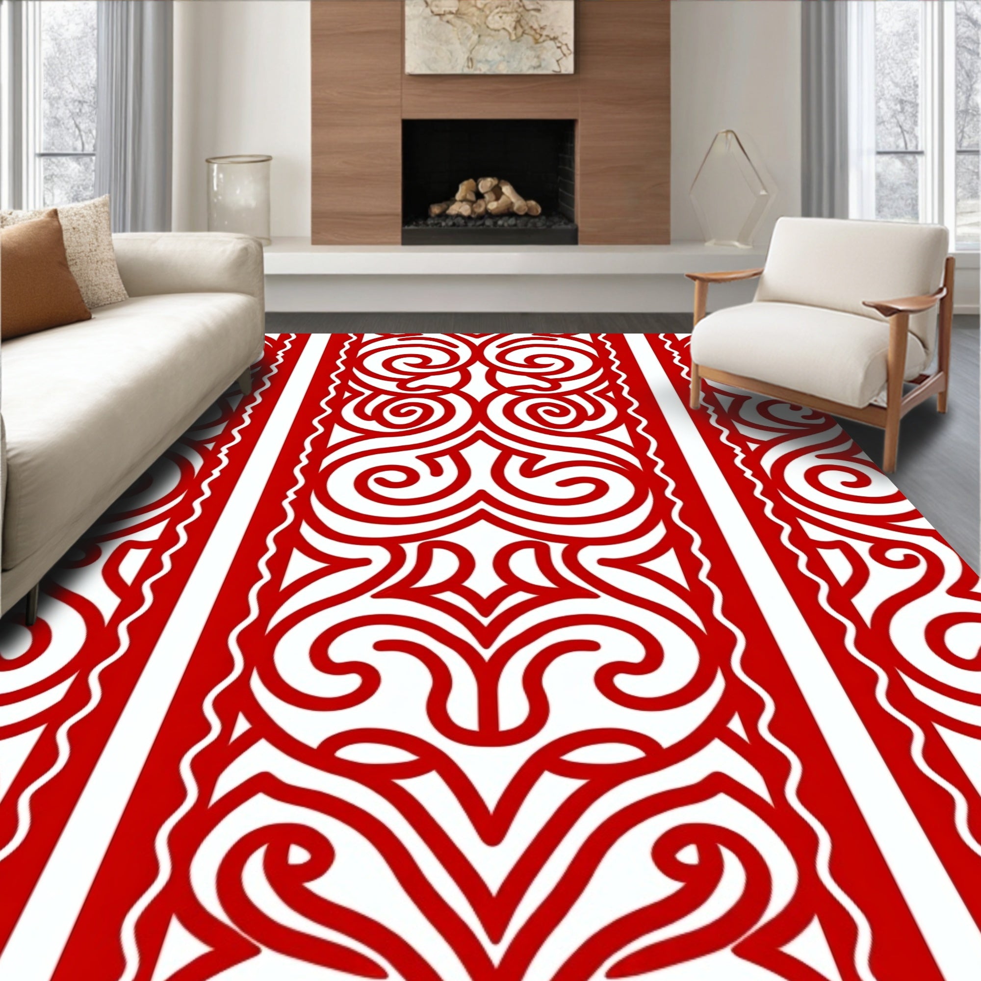 Crimson Red Paisley Scrollwork Border Rug