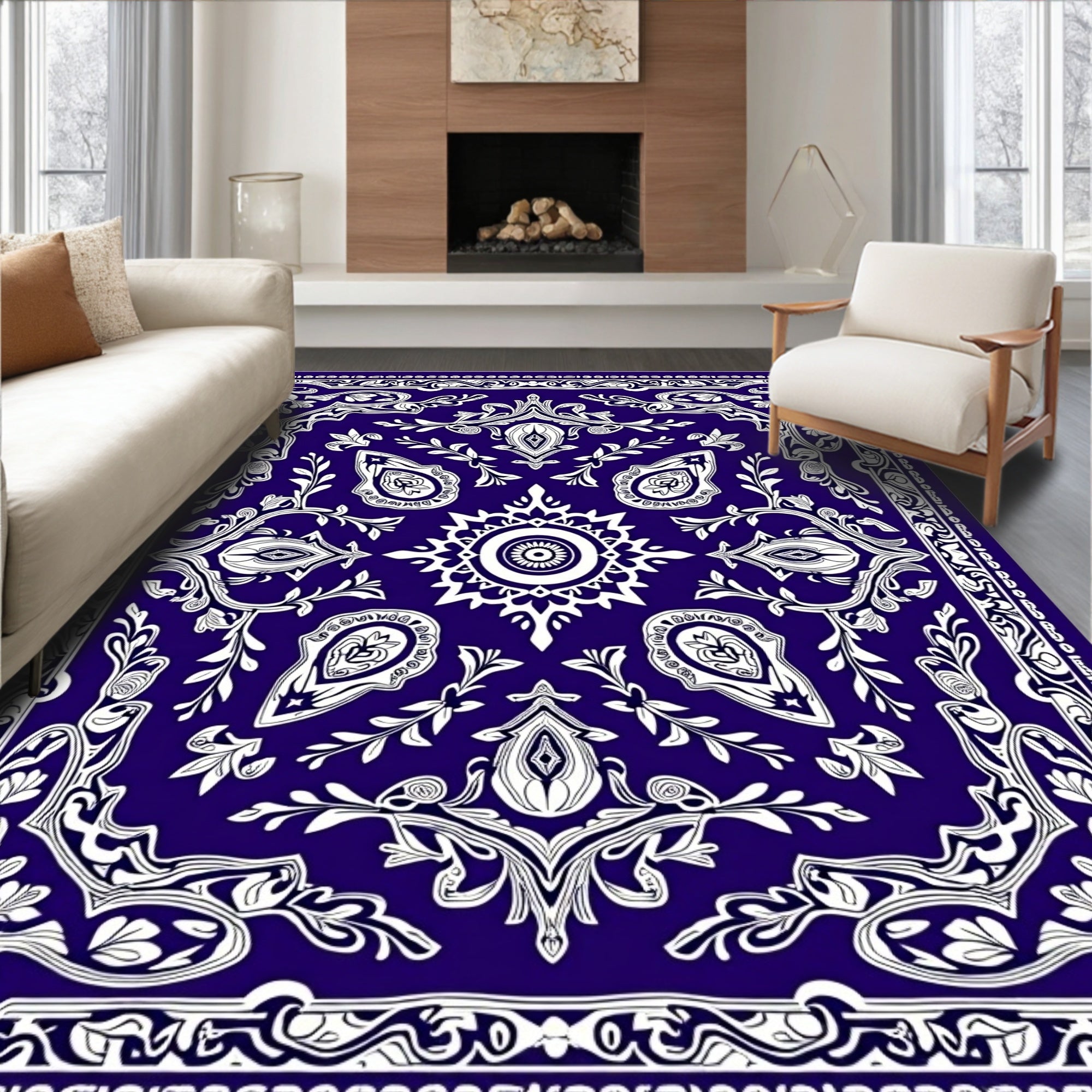 Indigo White Paisley Floral Medallion Rug
