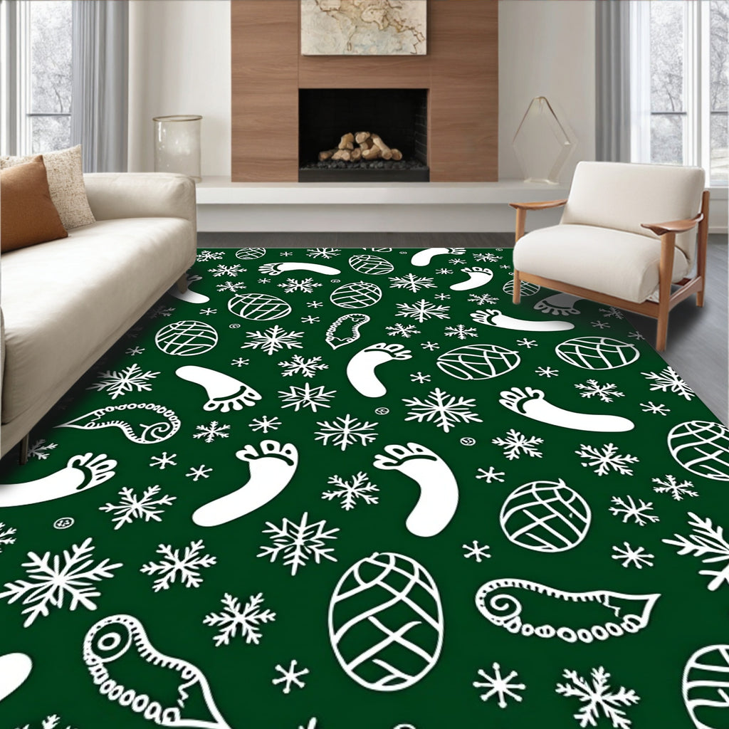 White Snowflake Footprint Pinecone Collage Rug