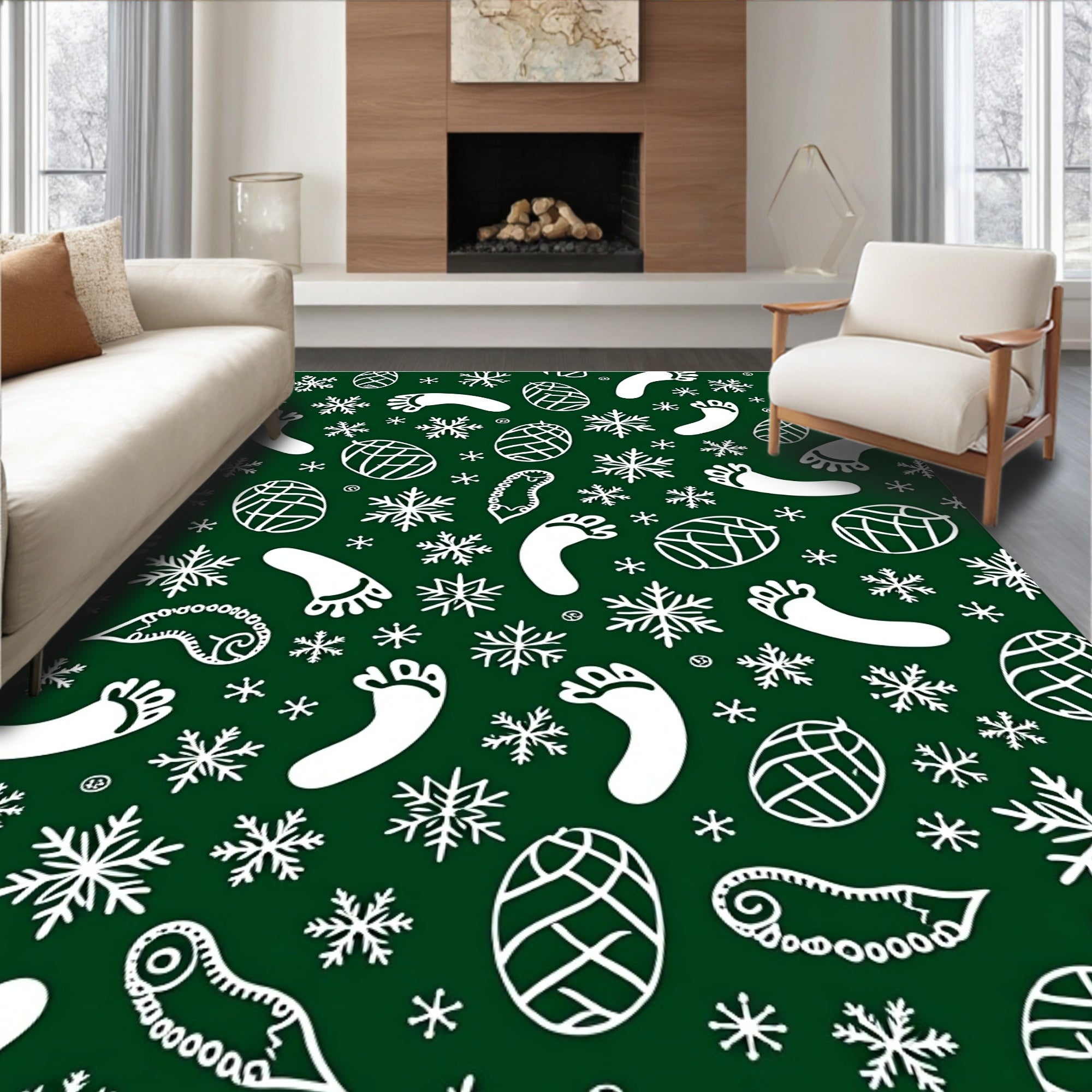 White Snowflake Footprint Pinecone Collage Rug