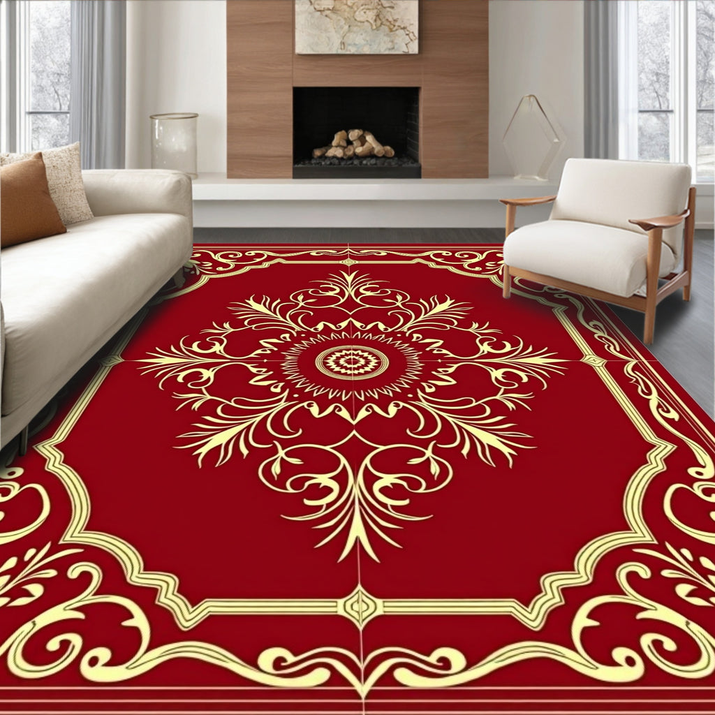 Crimson Golden Floral Medallion Frame Rug