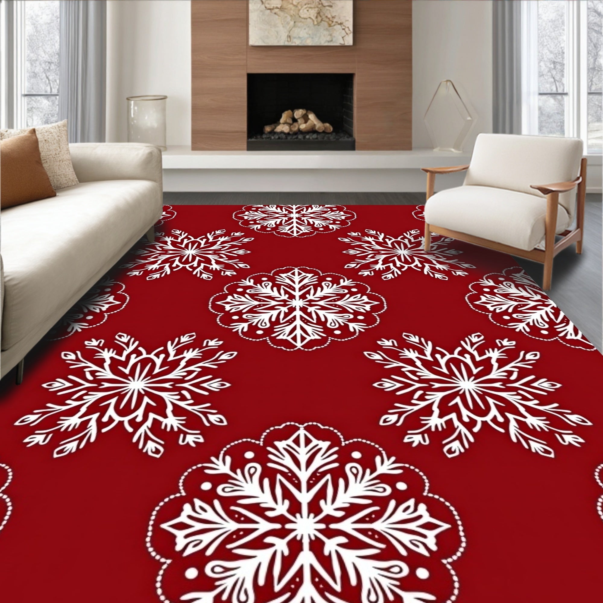 Crimson White Intricate Mandala Star Pattern Rug