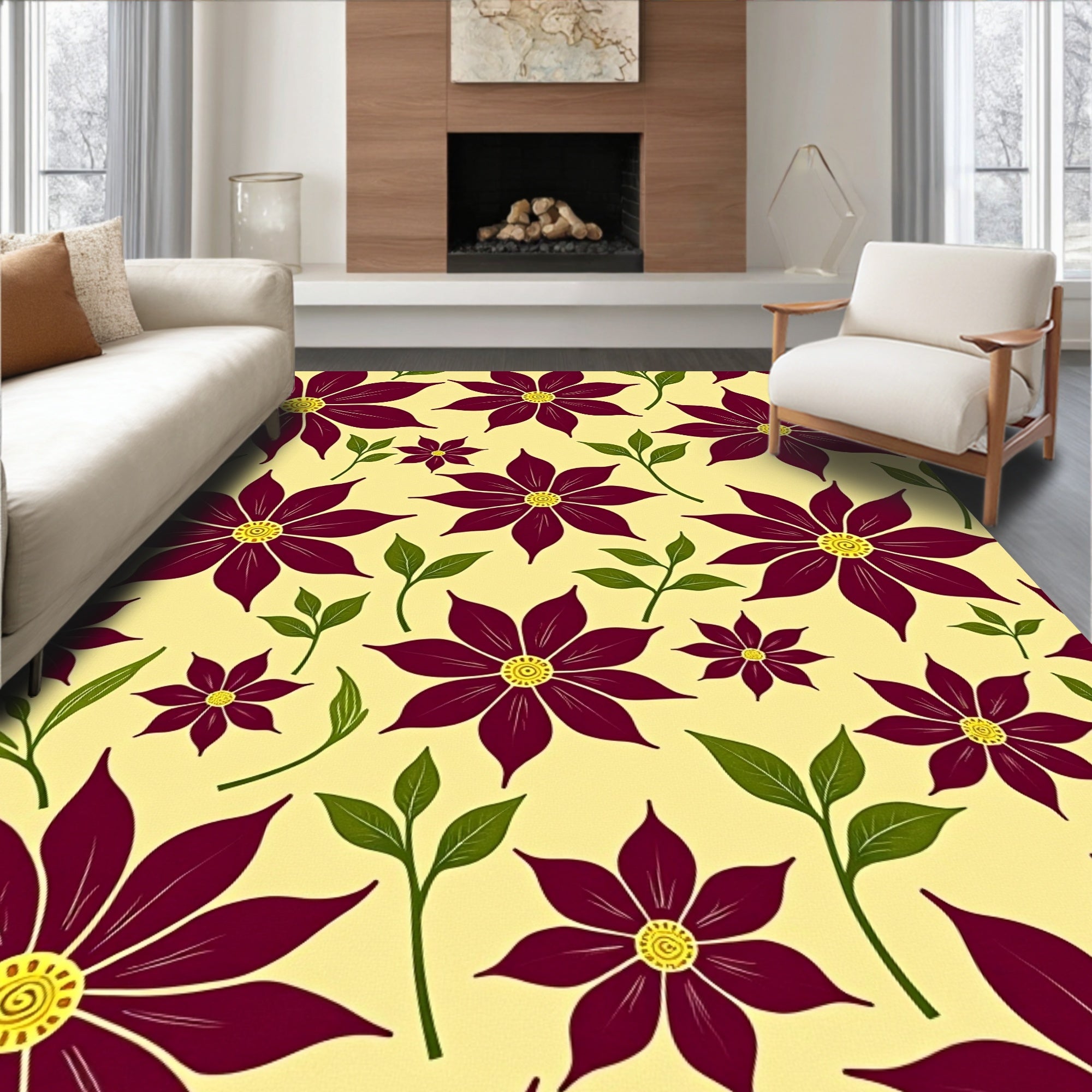Maroon Floral Scatter Yellow Background Rug