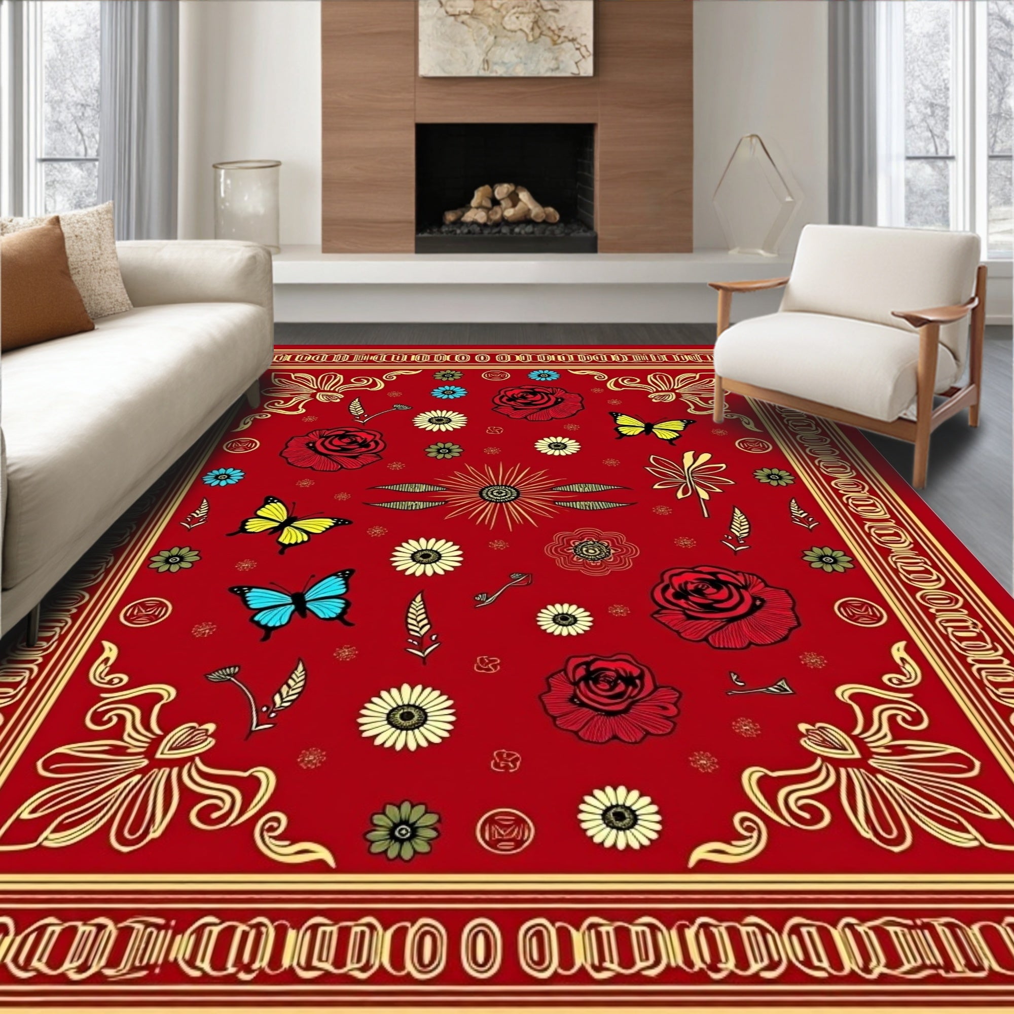 Crimson Red Butterfly Floral Garden Rug