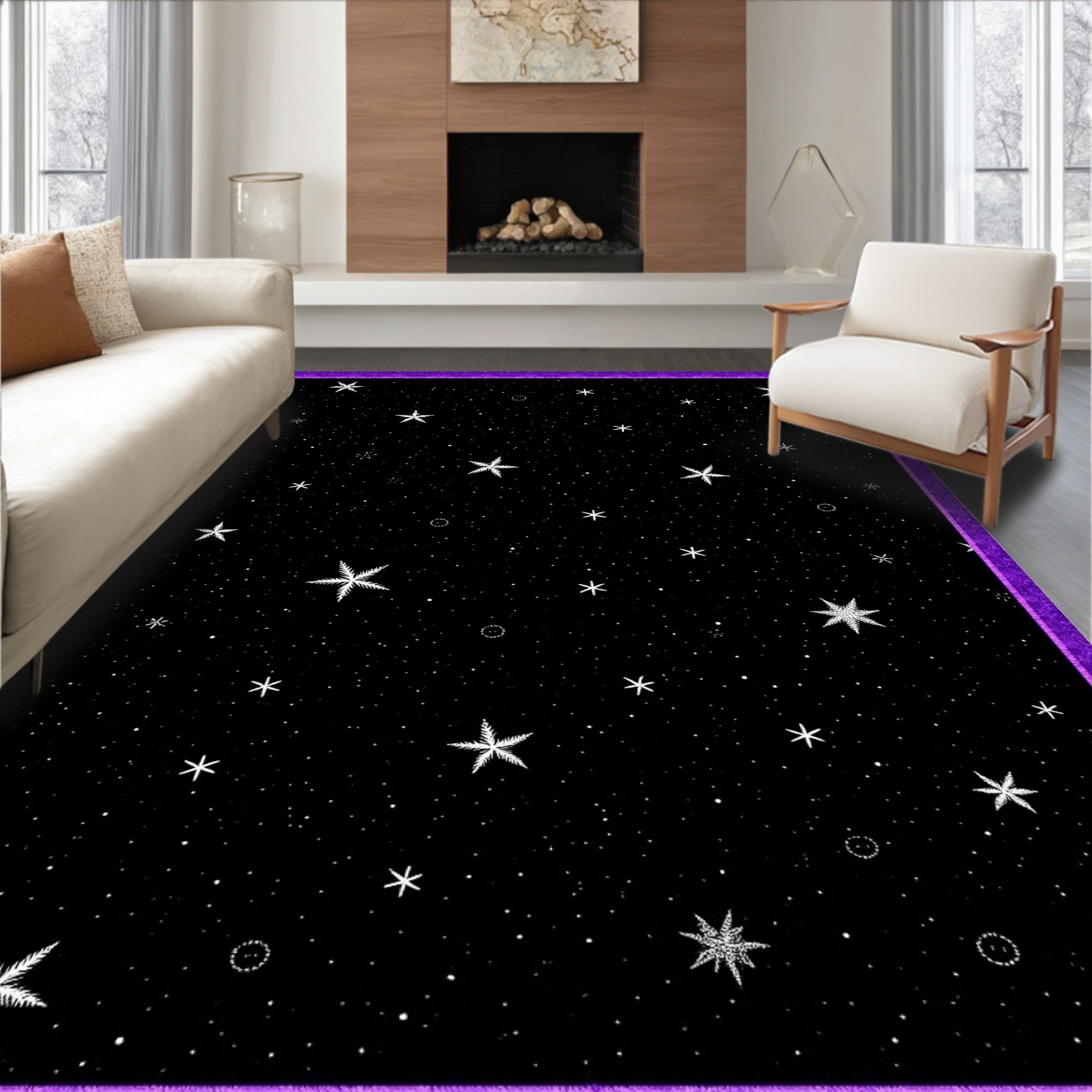 Celestial Night Starry Snowflakes Rug