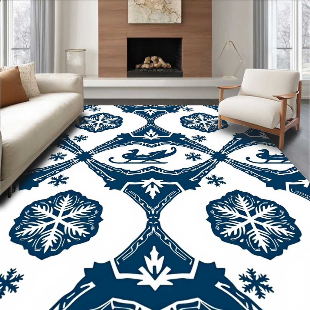 Deep Blue Sled Snow Winter Medallion Rug