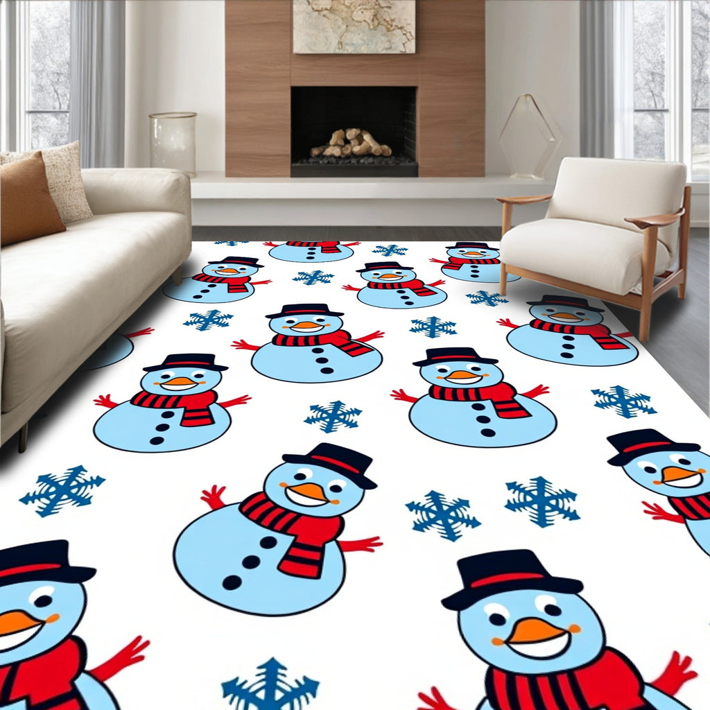 Happy Blue Snowmen Winter Snowflakes Rug
