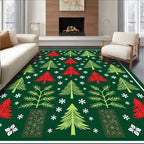 Red Green Pine Trees Snowflakes Rug