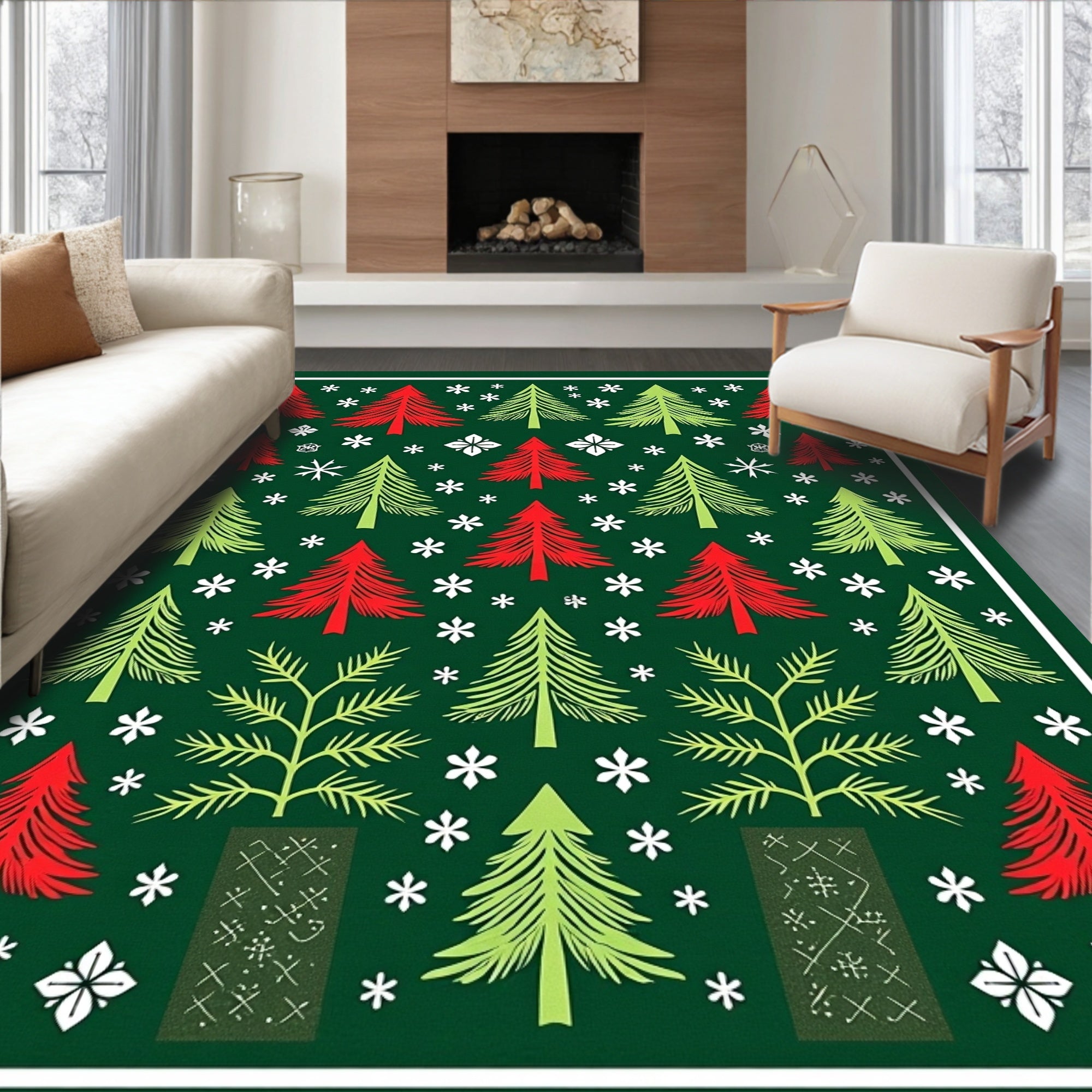 Red Green Pine Trees Snowflakes Rug