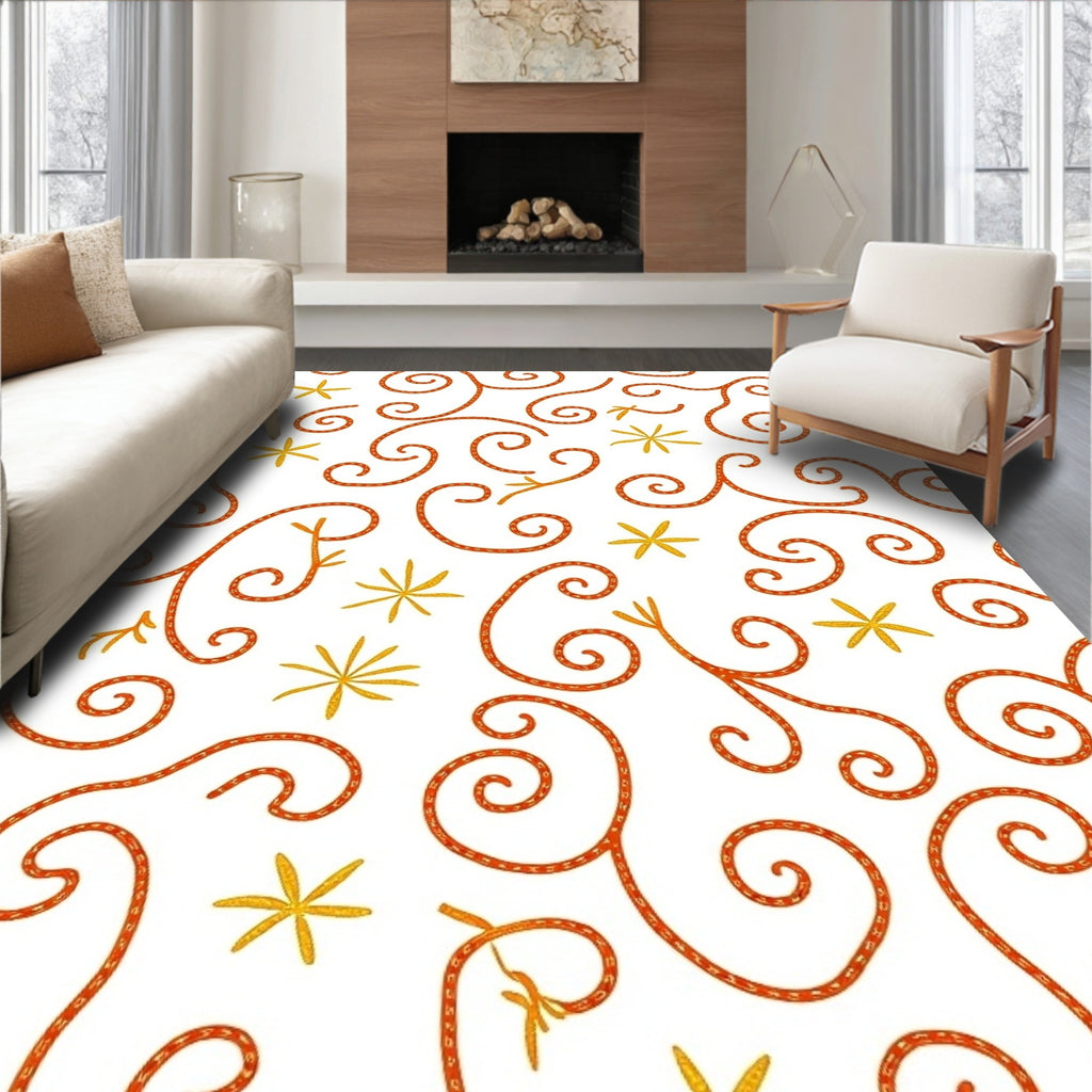 Charming Orange Swirl Yellow Star Flourish Rug