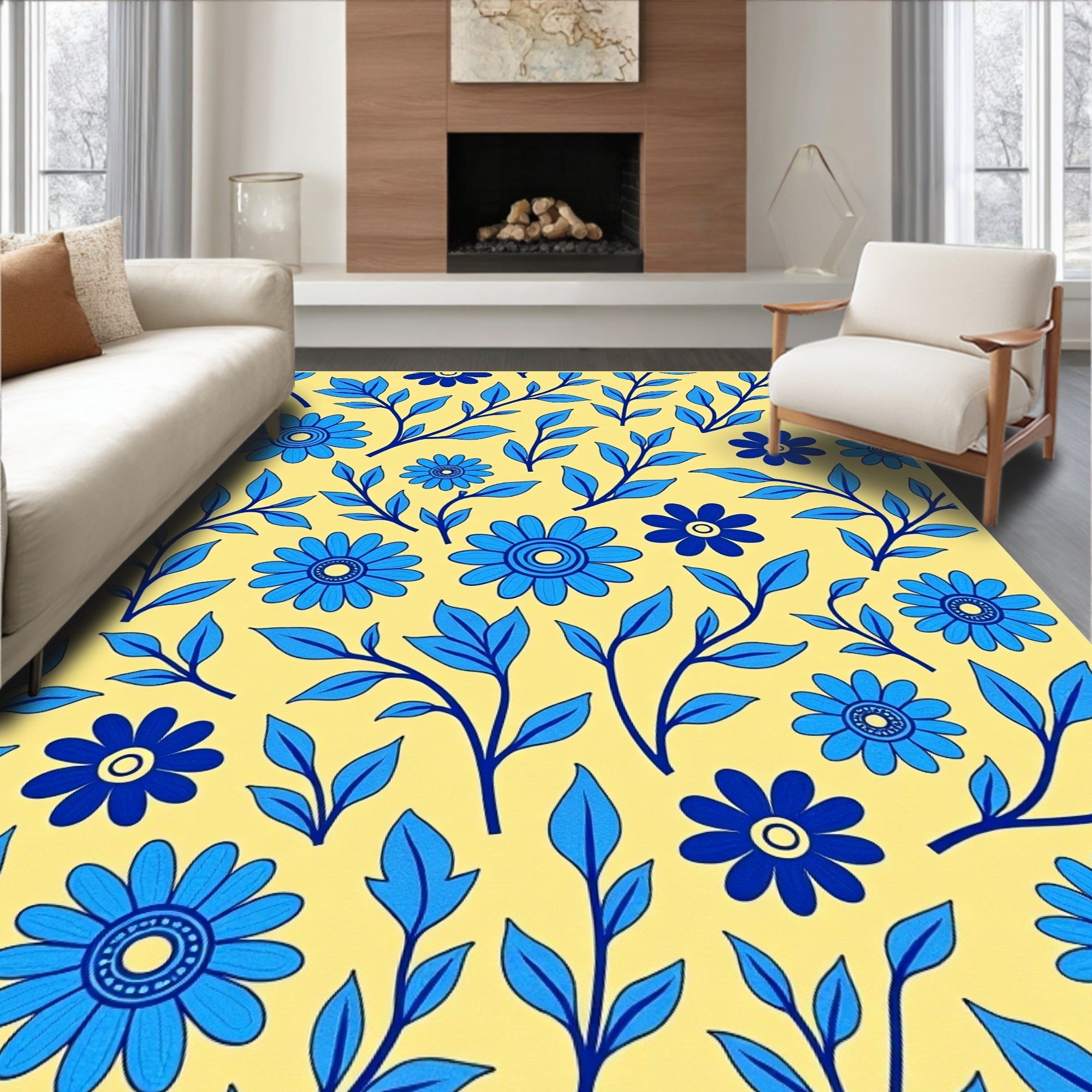 Blue Floral Branches on Yellow Background Rug