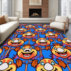 Whimsical Orange Cartoon Faces Blue Background Rug