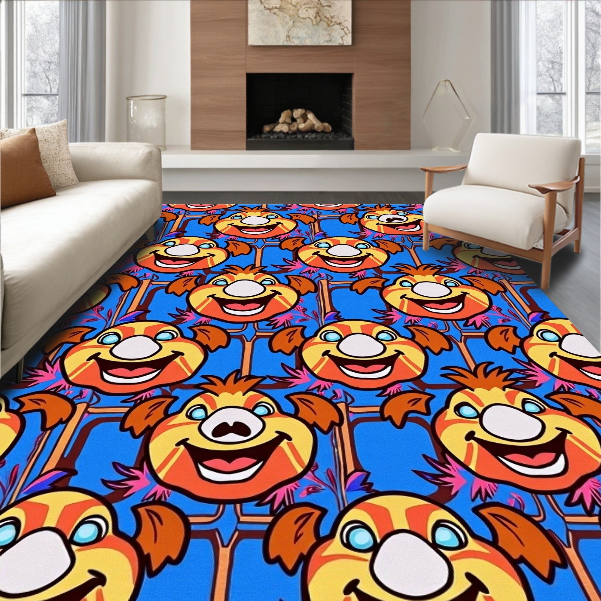 Whimsical Orange Cartoon Faces Blue Background Rug