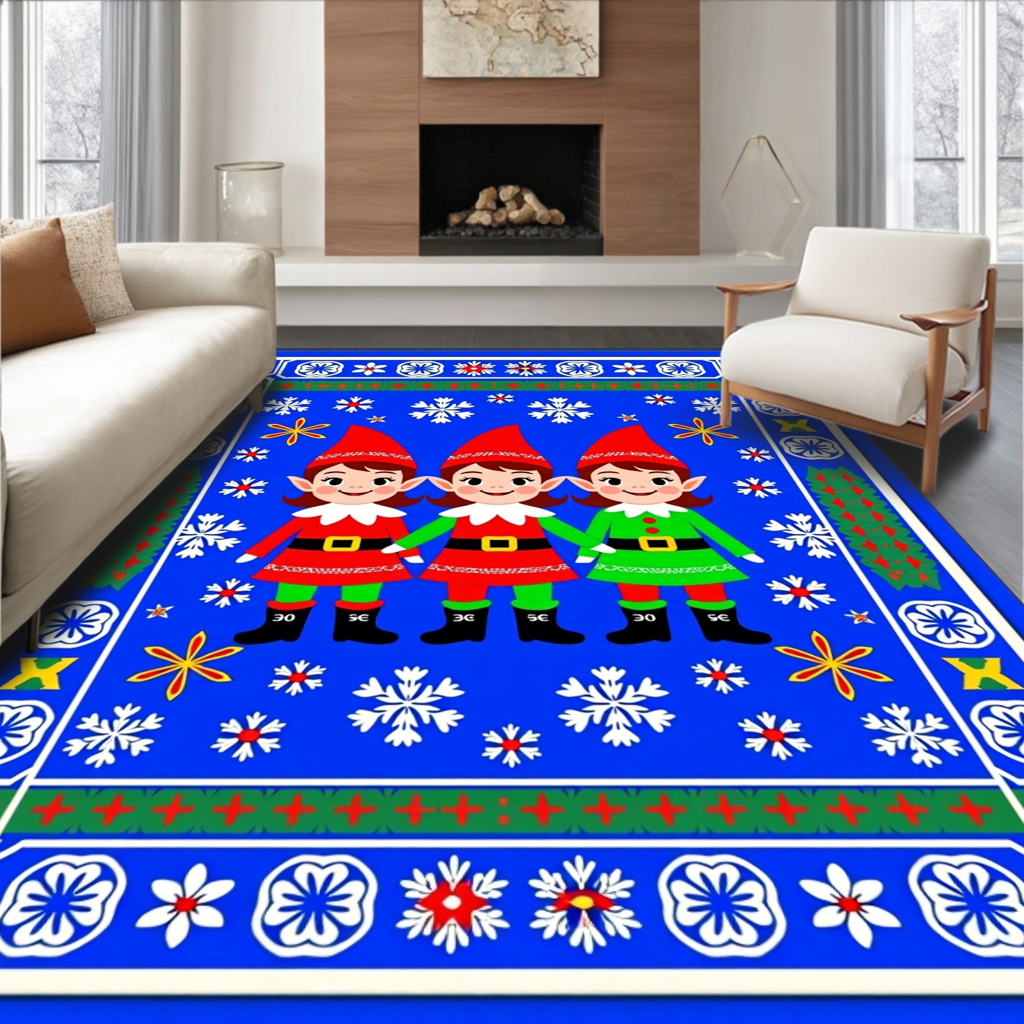 Christmas Elves Snowflake Borders Rug
