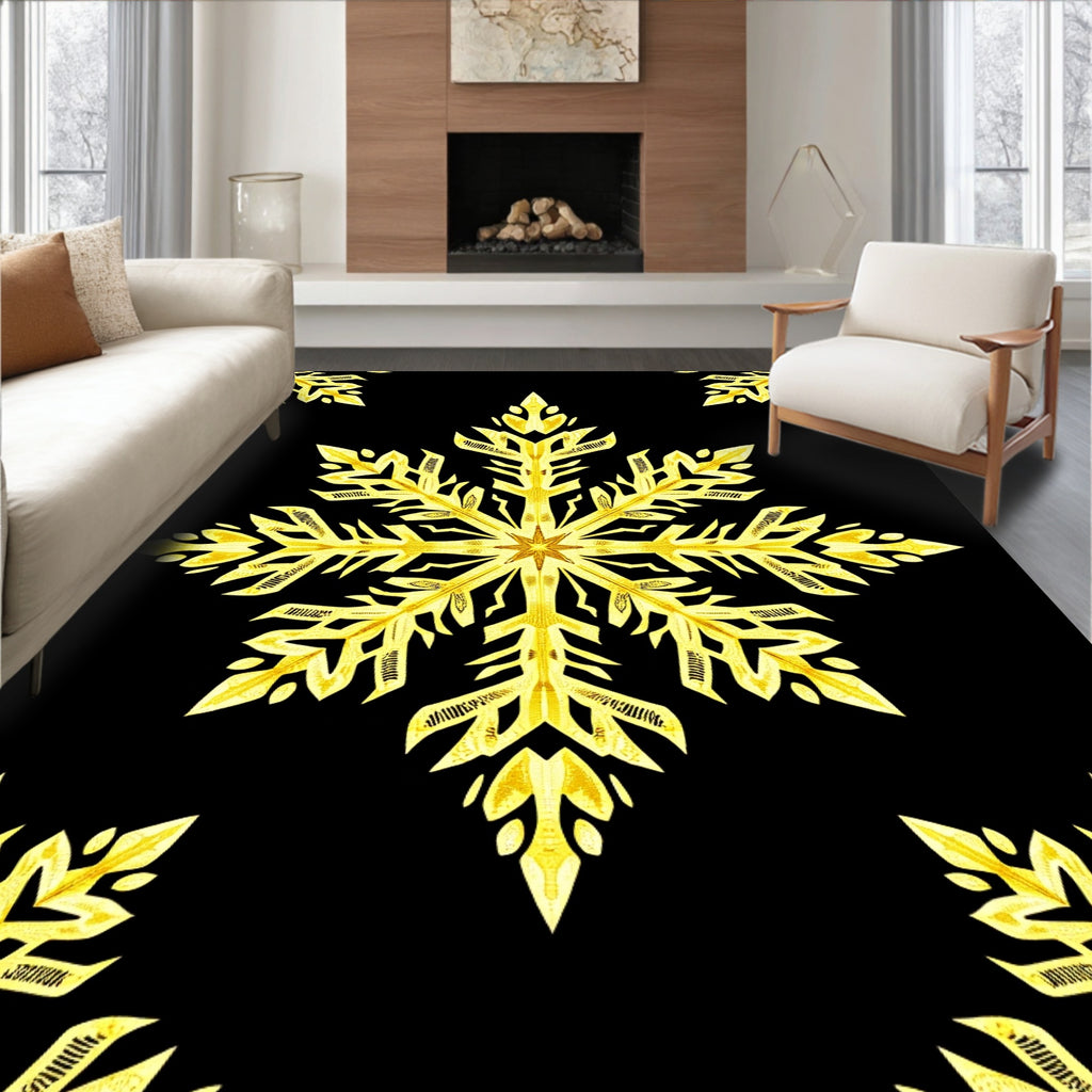 Golden Snowflake Black Background Rug