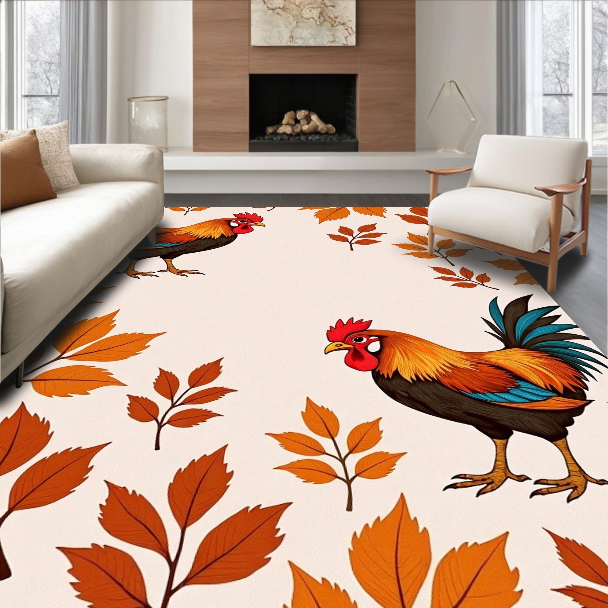 Fiery Rooster Autumn Leaf Border Rug