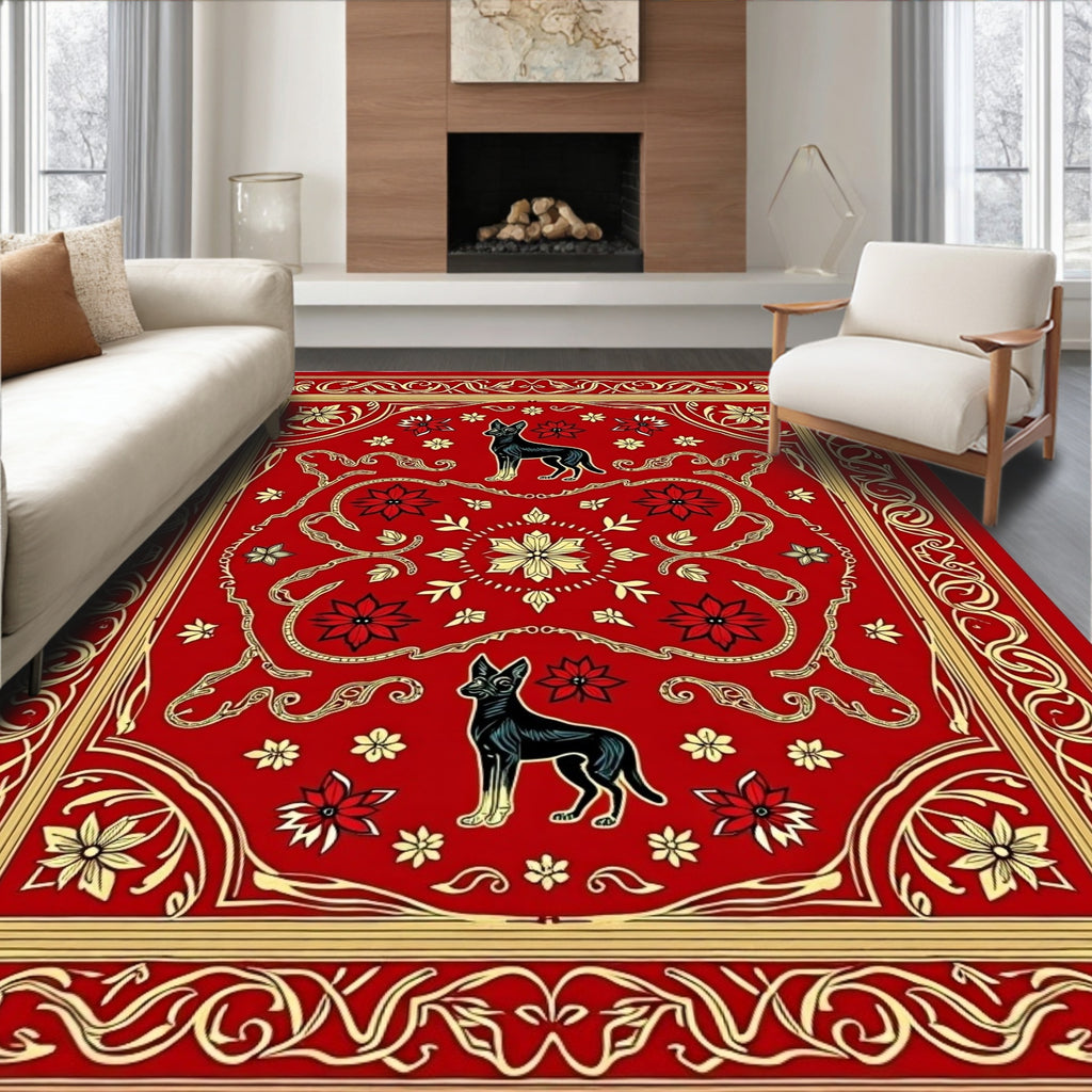 Crimson Red Dog Floral Scroll Rug