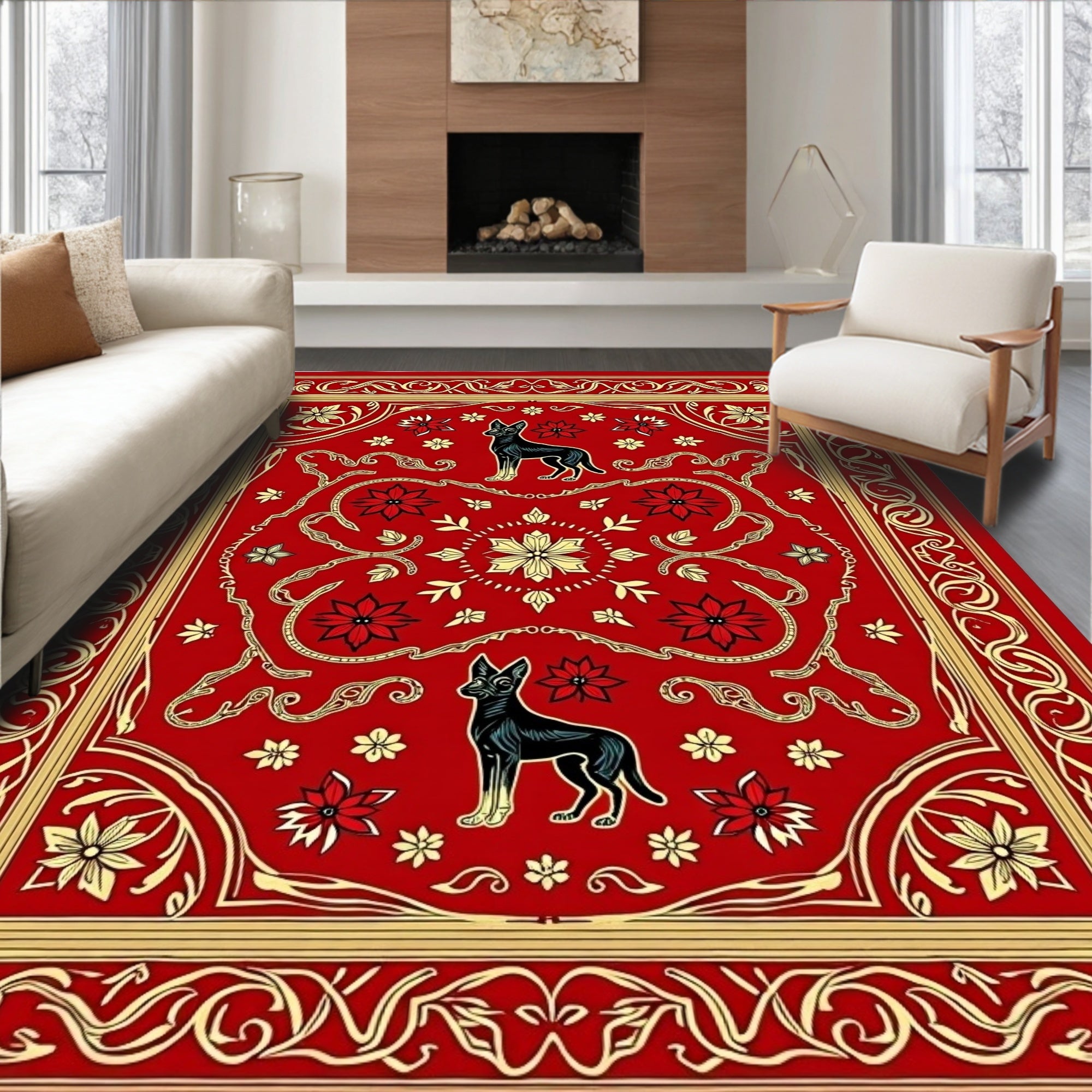 Crimson Red Dog Floral Scroll Rug