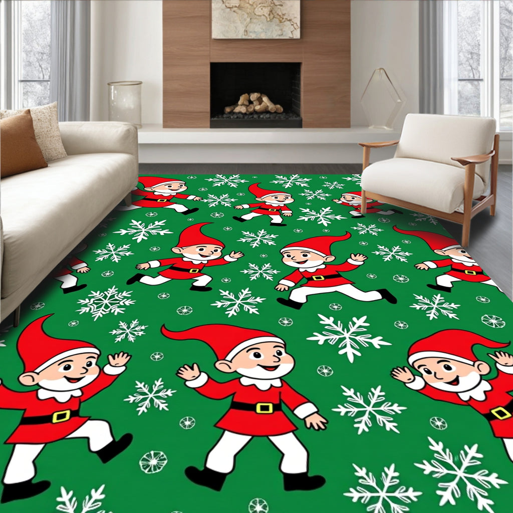Green Festive Gnomes Snowflakes Rug