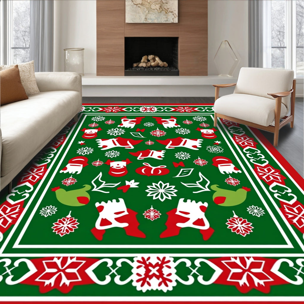 Red Green Christmas Figurines Snowflake Rug
