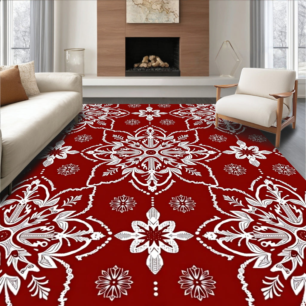 Rich Crimson White Medallion Mandala Rug