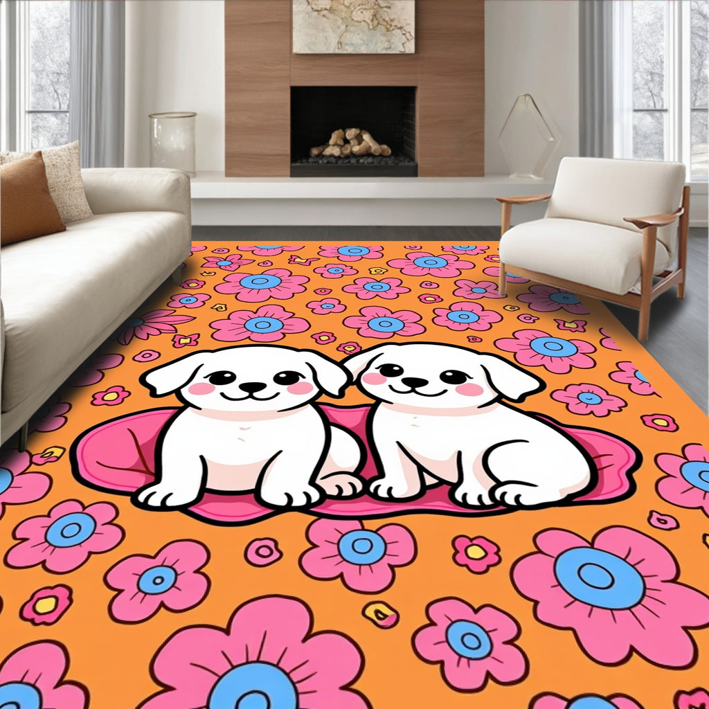 Cute Puppies Pink Floral Orange Background Rug