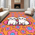 Cute Puppies Pink Floral Orange Background Rug