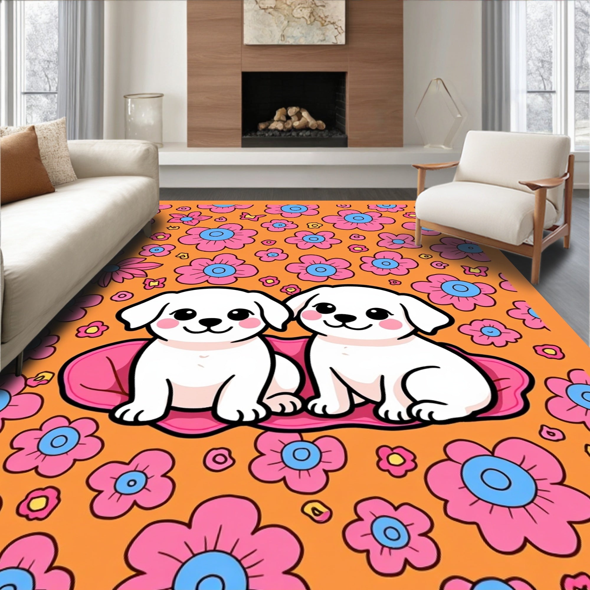 Cute Puppies Pink Floral Orange Background Rug