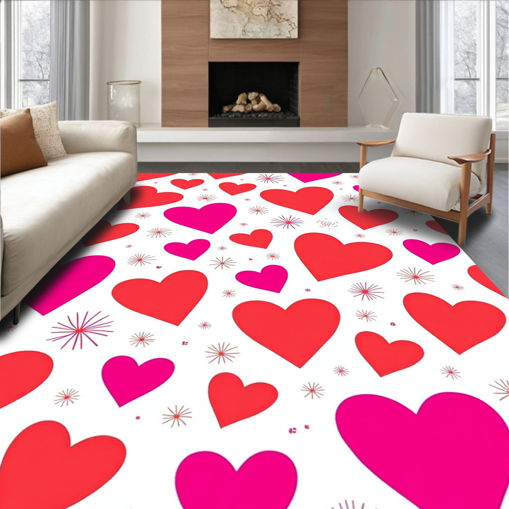 Pink Red Hearts Scattered Whimsical Arrangement Rug