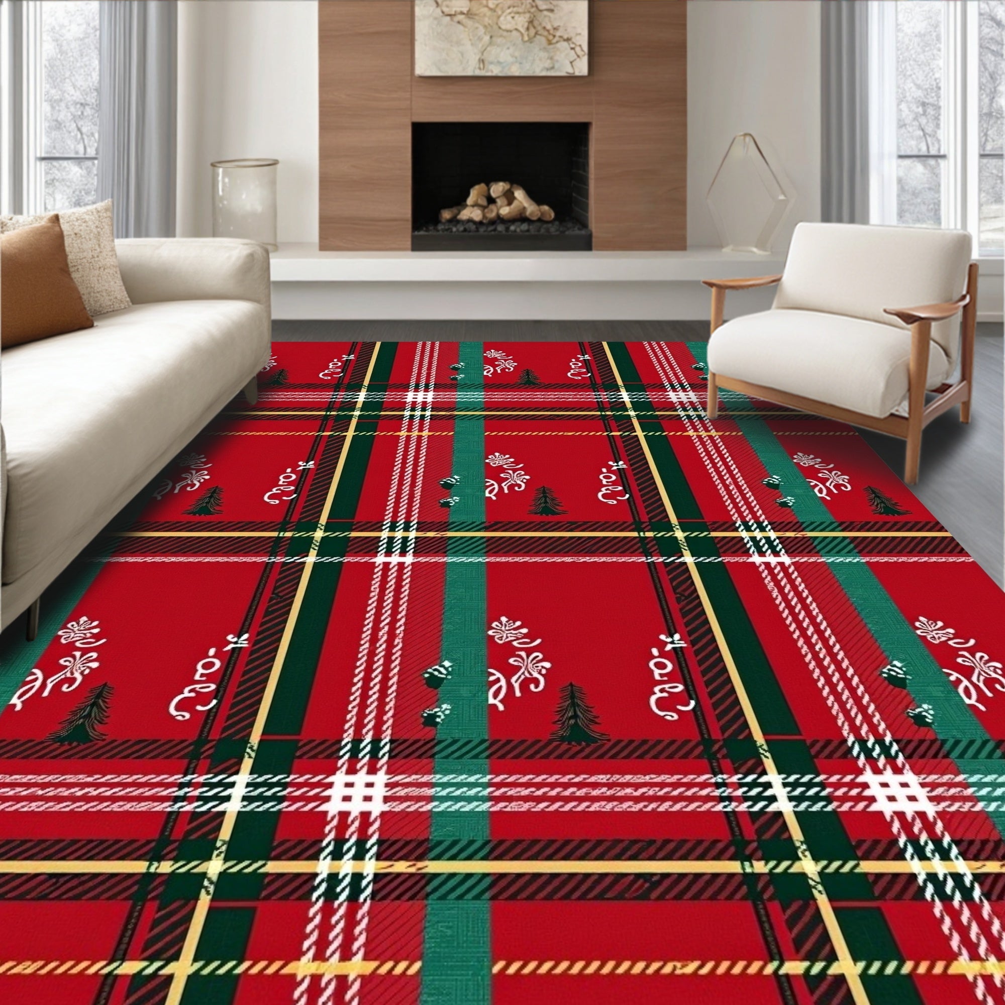 Classic Red Green Plaid Holiday Trees Rug