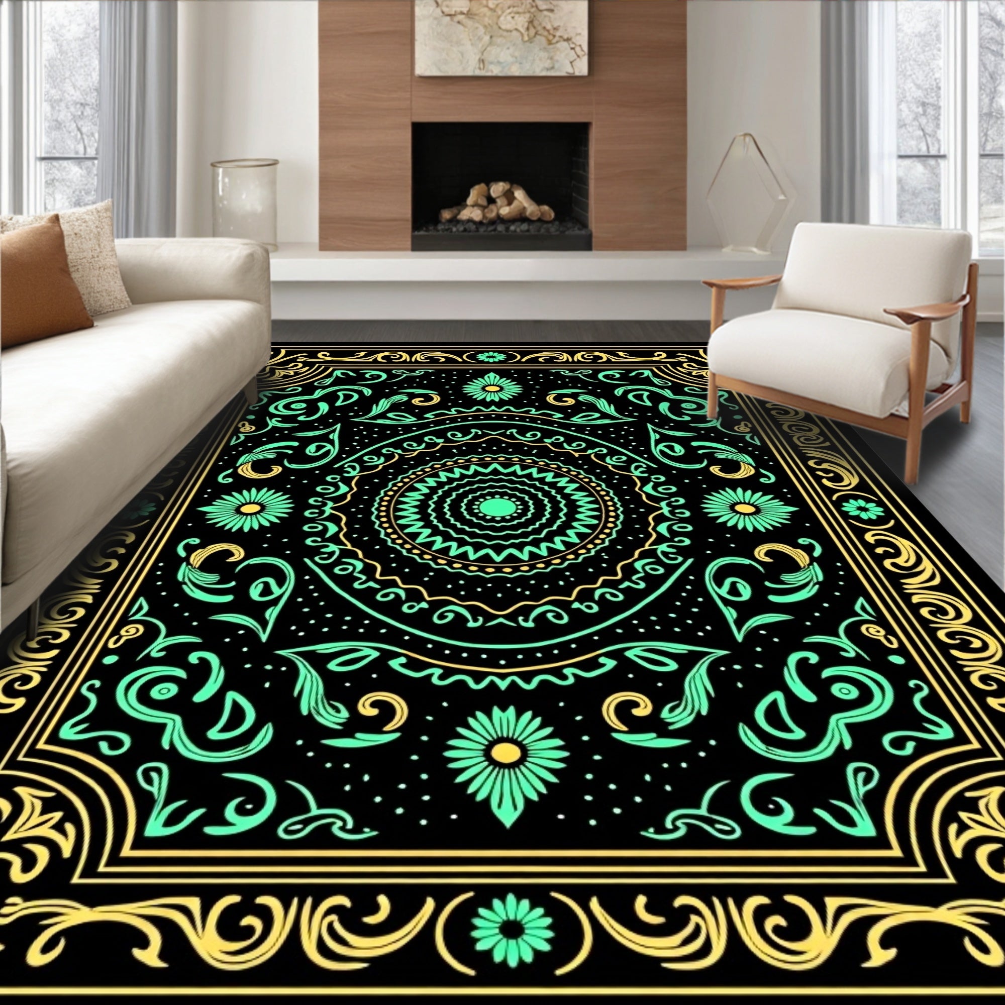 Black Teal Yellow Mandala Floral Border Rug
