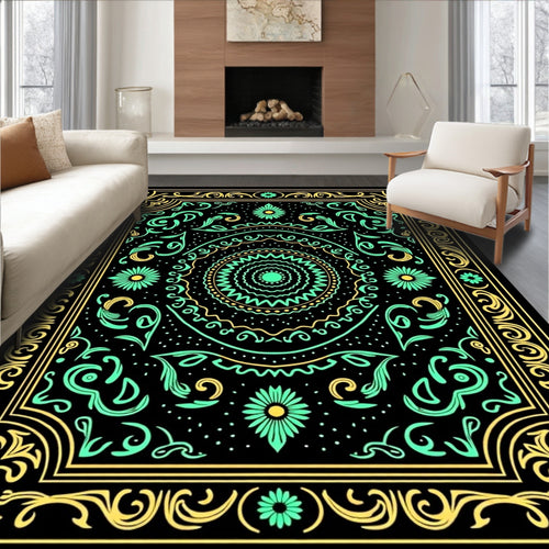 Black Teal Yellow Mandala Floral Border Rug