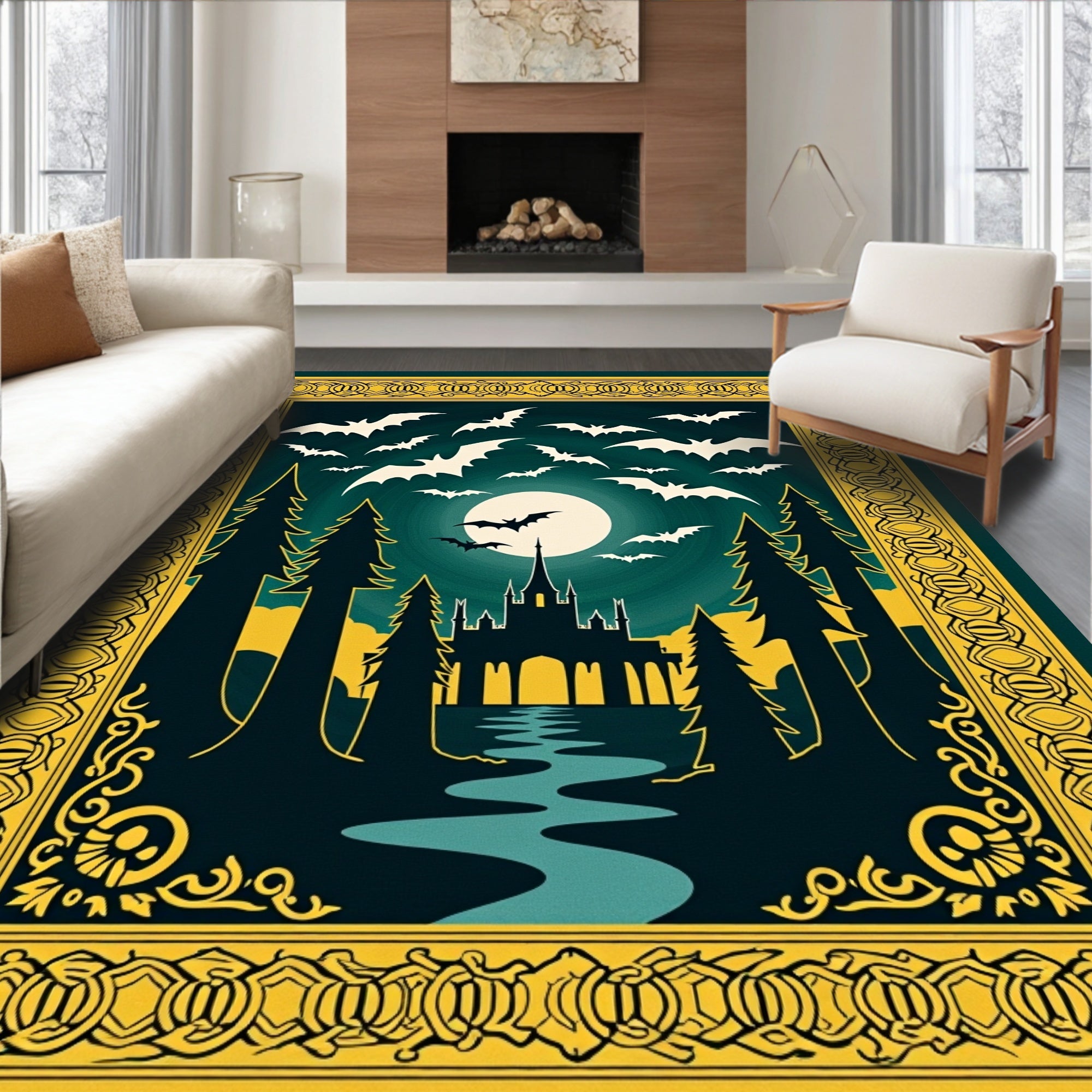Eerie Moonlit Bat Forest Castle Rug