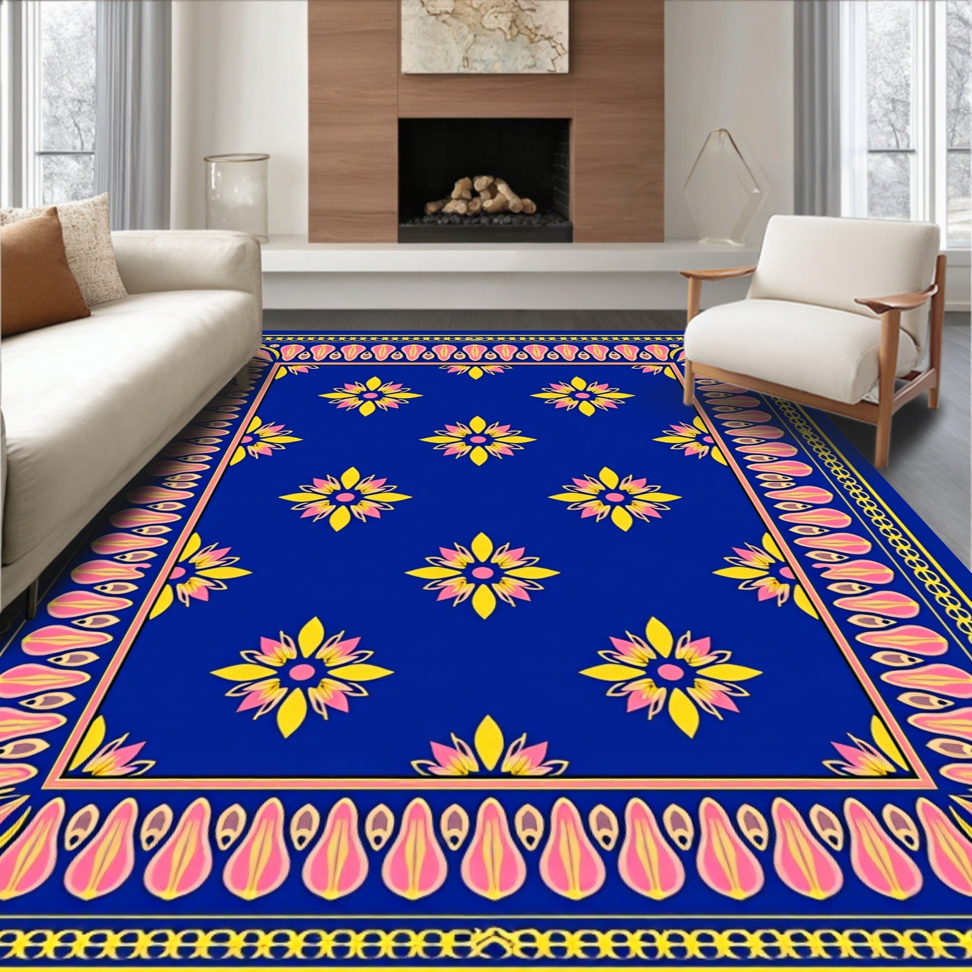 Vibrant Blue Yellow Pink Floral Medallion Rug