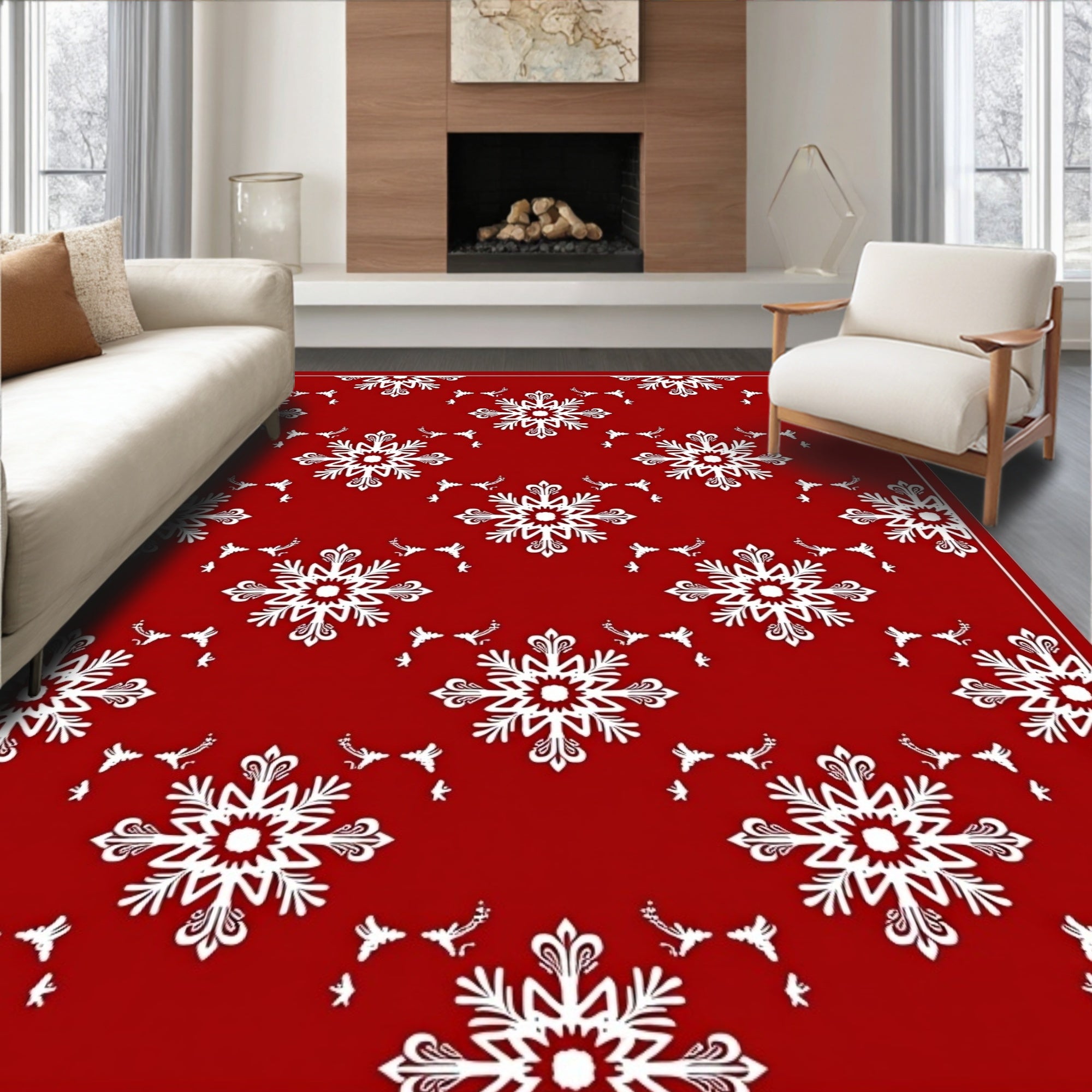 Red White Snowflake Holiday Charm Rug